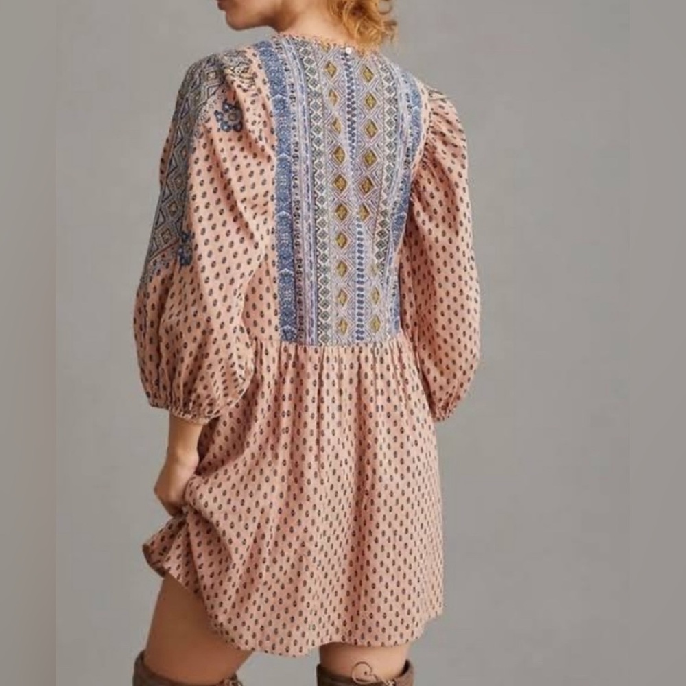 ANTHROPOLOGIE  Embroidered Cotton  Boho Mini Tunic Dress SZ 6 - Picture 16 of 17